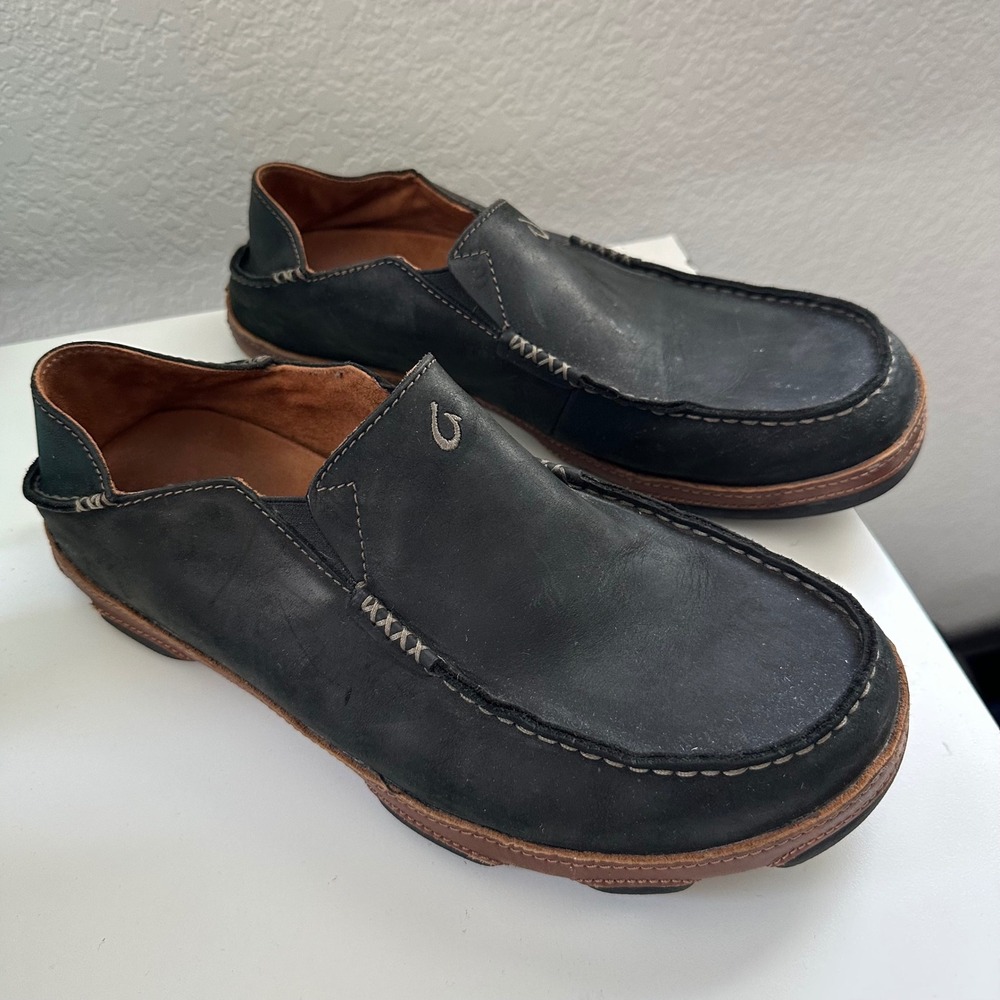 OluKai Moloa Loafers Mens 11 Black Leather Slip On Shoes 10128-4033